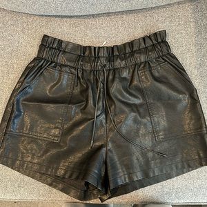 High Waisted Wide Leg Black Faux Leather Shorts for Women